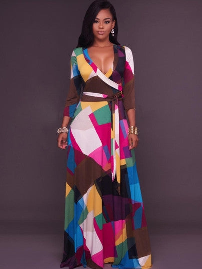 Color Block Lace up Women's Maxi Dress